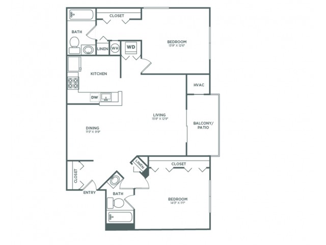 Two Bedroom Two Bath (1,013 SF)