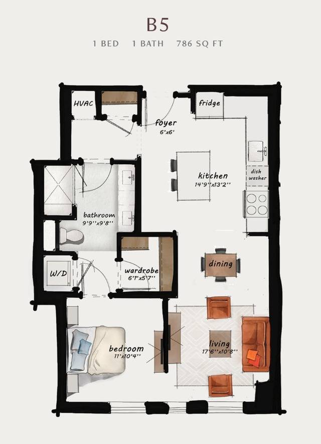 B5 | 1 Bed 1 Bath 786 square feet