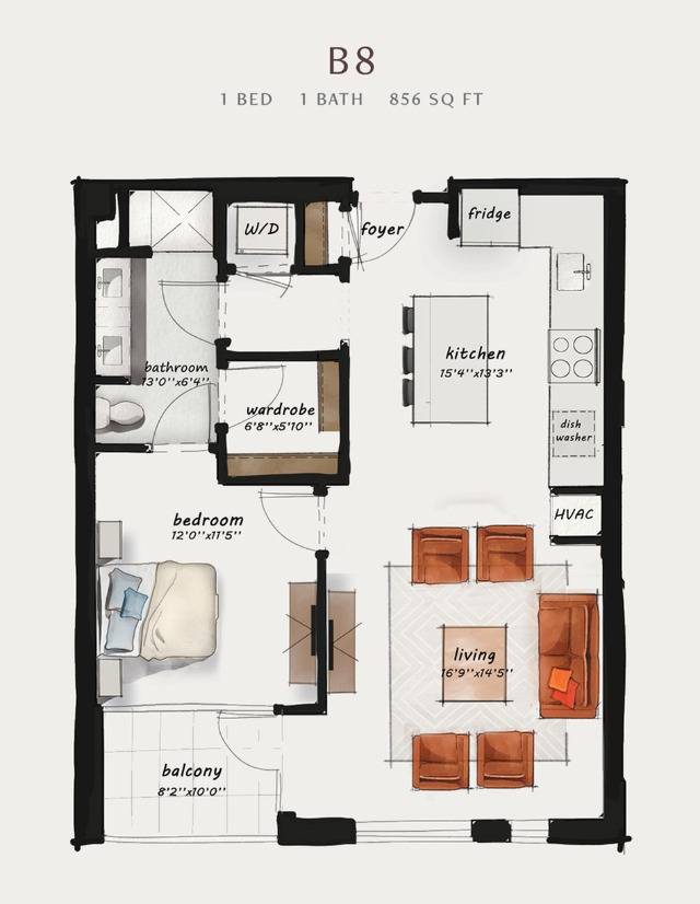 B8 | 1 Bed 1 Bath 856 square feet