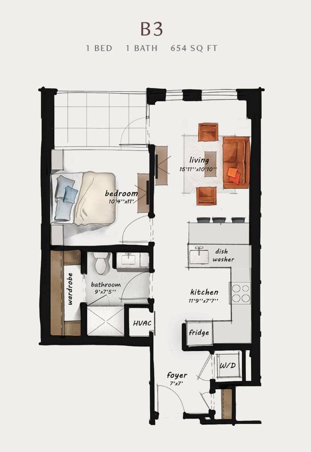 B3 | 1 Bed 1 Bath 654 square feet