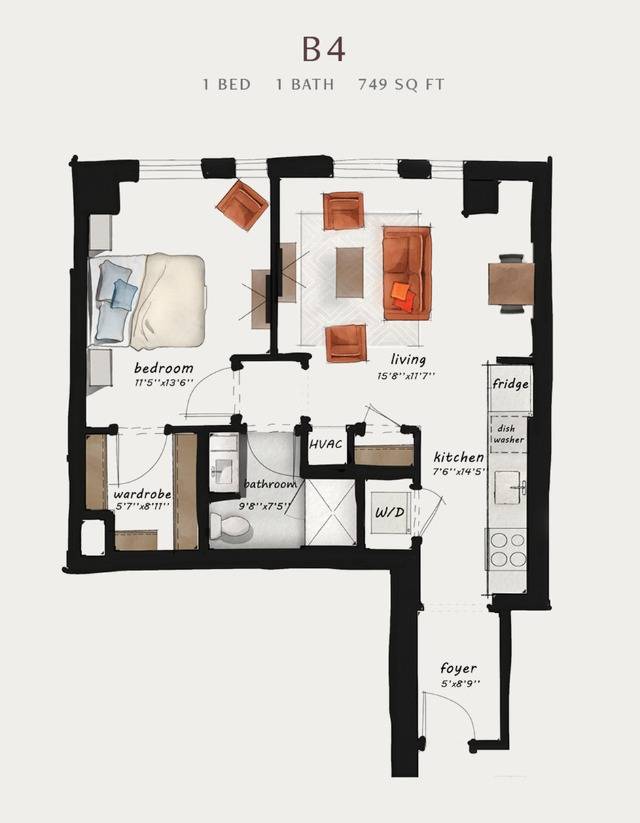 B4.A | 1 Bed 1 Bath 749 square feet