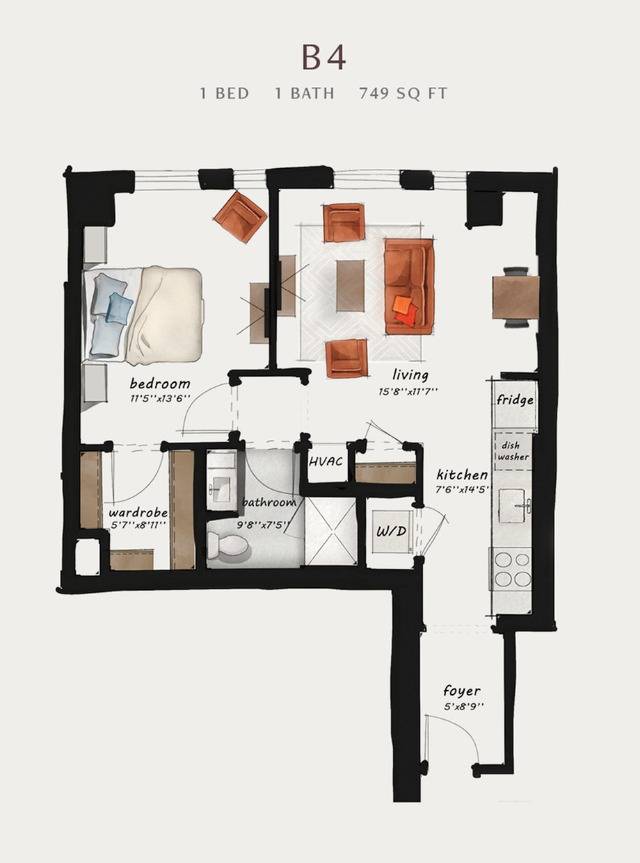 B4 | 1 Bed 1 Bath 749 square feet