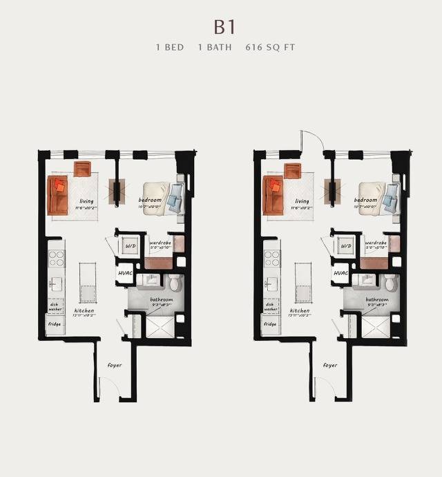 B1 | 1 Bed 1 Bath 616 square feet