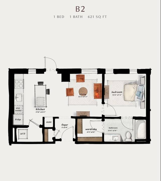 B2 | 1 Bed 1 Bath 621 square feet