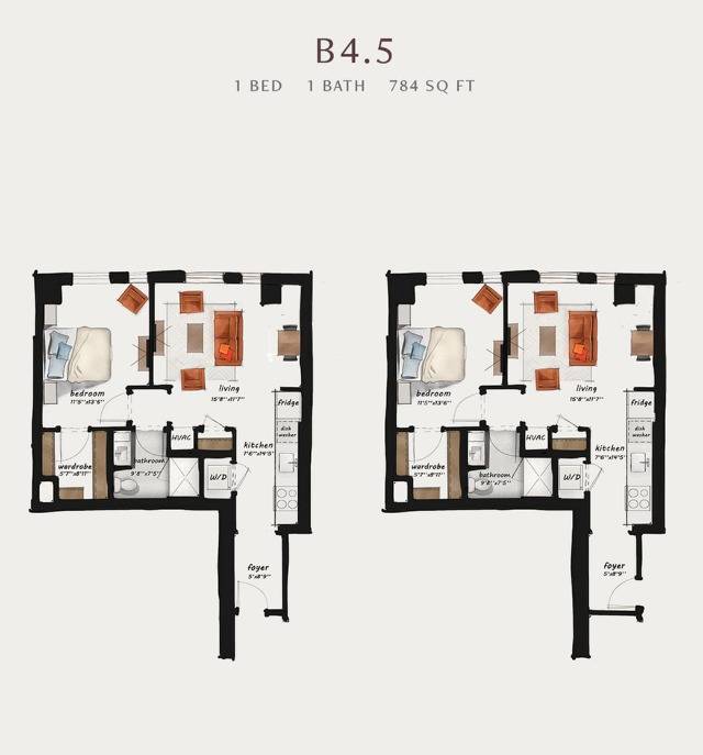 B4.5 | 1 Bed 1 Bath 784 square feet
