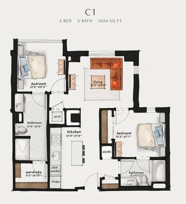 C1 | 2 Bed 2 Bath 1,024 square feet
