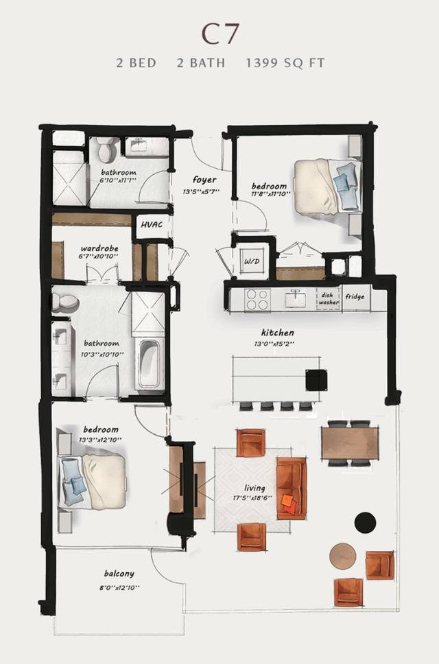 C7 | 2 Bed 2 Bath 1,399 square feet