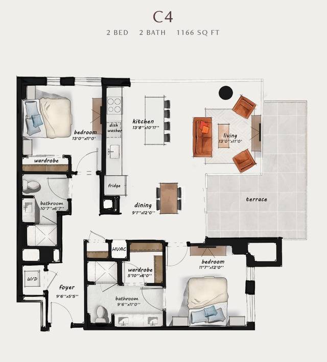 C4 | 2 Bed 2 Bath 1,166 square feet