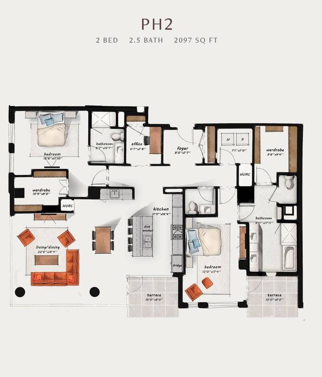PH2 | 2 Bed 2.5 Bath 2,097 square feet