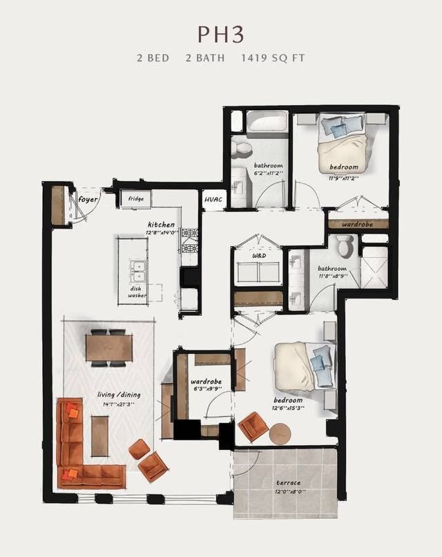 PH3 | 2 Bed 2 Bath 1,419 square feet