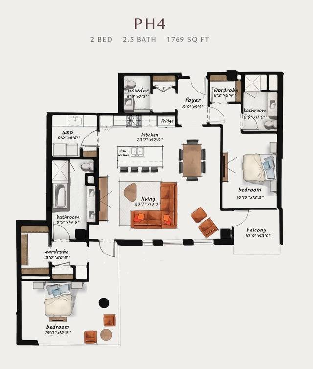 PH4 | 2 Bed 2.5 Bath 1,769 square feet