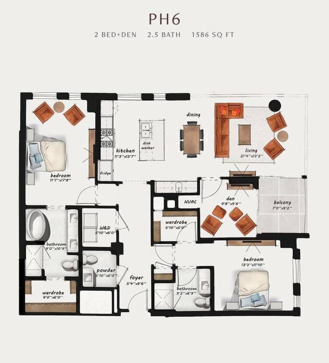 PH6 | 2 Bed 2.5 Bath 1,586 square feet