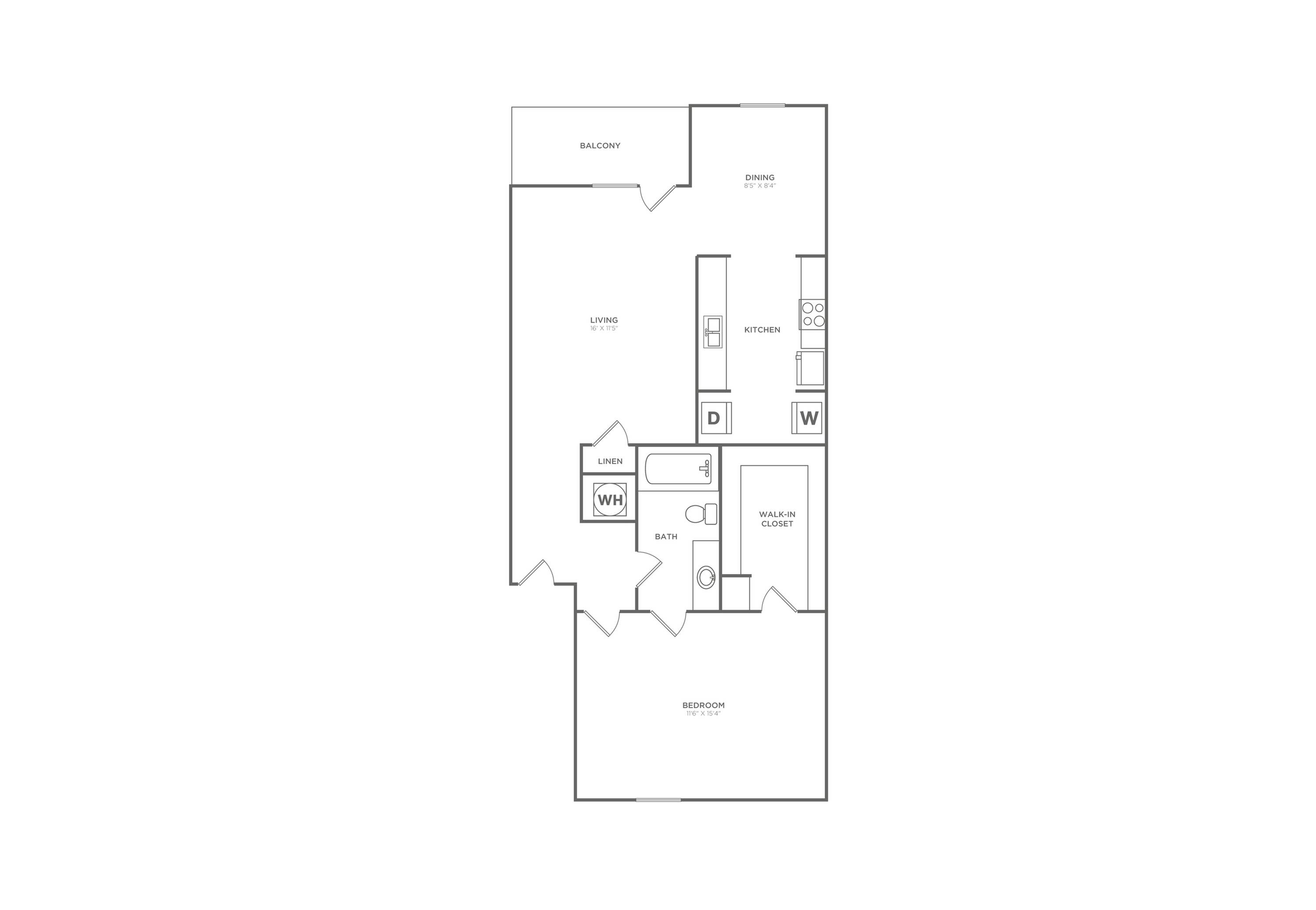 Post Oak | 1 bed 1 bath | 754 sq ft | Floor Plan map for a one bedroom unit at our apartments for rent in  Nashville, TN, featuring labeled rooms with dimensions.