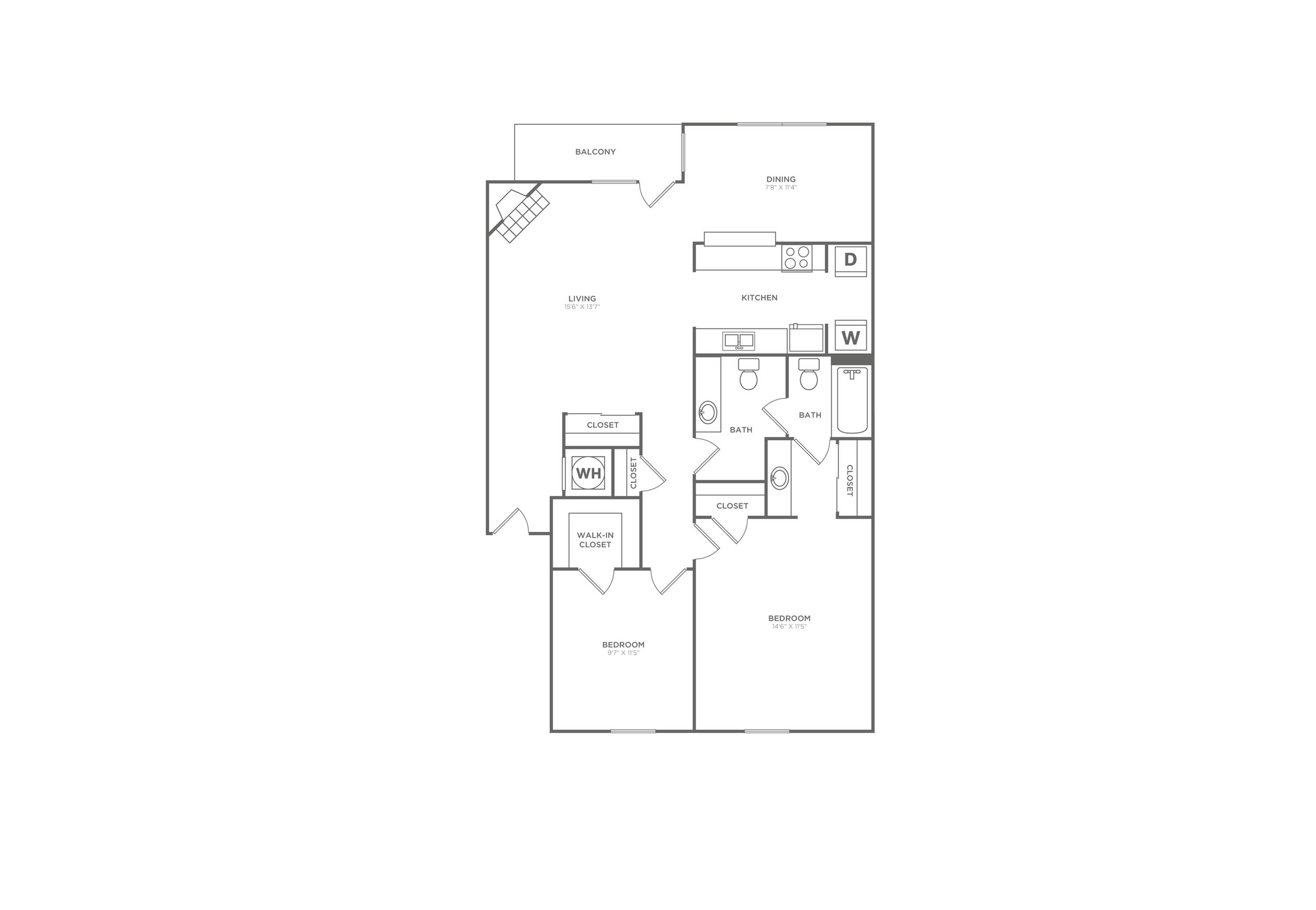 British Oak | 2 bed 1.5 bath | 989 sq ft | Floor Plan map for a two bedroom unit at our apartments for rent in  Nashville, TN, featuring labeled rooms with dimensions.