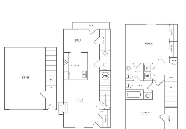 Chestnut Oak | 2 bed 2 bath | 1089 sq ft | Floor Plan map for a two bedroom unit at our apartments for rent in  Nashville, TN, featuring labeled rooms with dimensions.
