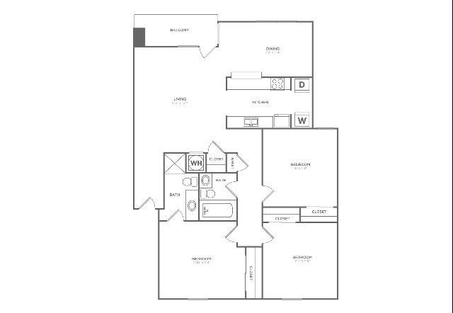 Willow Oak | 3 bed 2 bath | 1178 sq ft | Floor Plan map for a three bedroom unit at our apartments for rent in  Nashville, TN, featuring labeled rooms with dimensions.