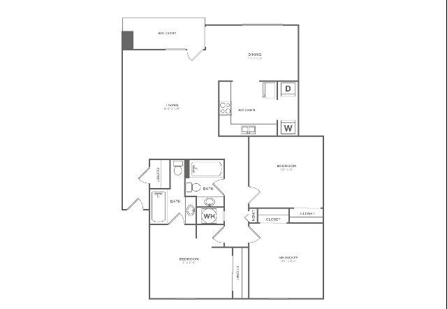 Scarlet Oak | 3 bed 2 bath | 1184 sq ft | Floor Plan map for a three bedroom unit at our apartments for rent in  Nashville, TN, featuring labeled rooms with dimensions.