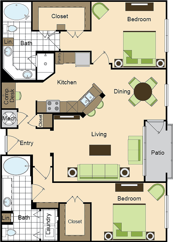 Two Bedroom Two Bath (1293 SF)