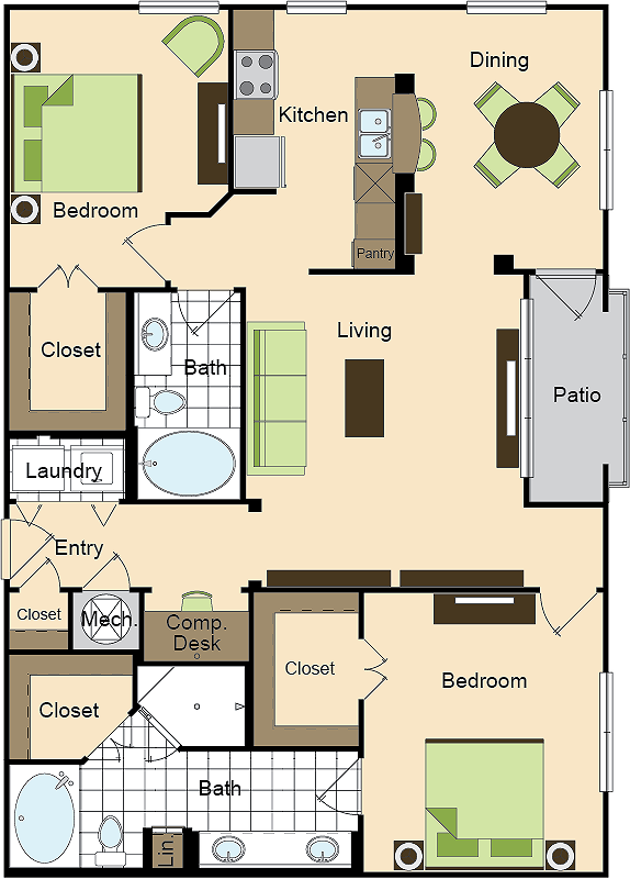 Two Bedroom Two Bath (1296 SF)
