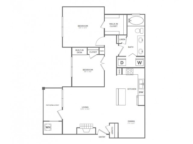 Two Bedroom One Bath (954 SF)