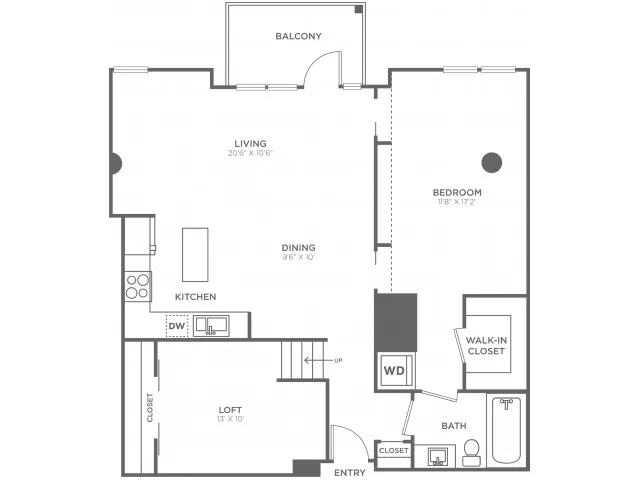 Floor plan map for a one bedroom unit at our apartments in Tysons Corner, VA, featuring labeled rooms with dimensions.