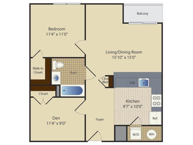 One Bedroom One Bath with Den (755 SF)