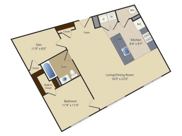 One Bedroom One Bath with Den (854 SF)