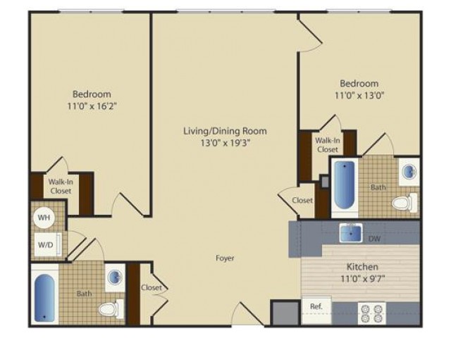 Two Bedroom Two Bath (1024 SF)