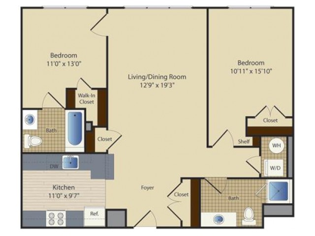 Two Bedroom Two Bath (1001 SF)