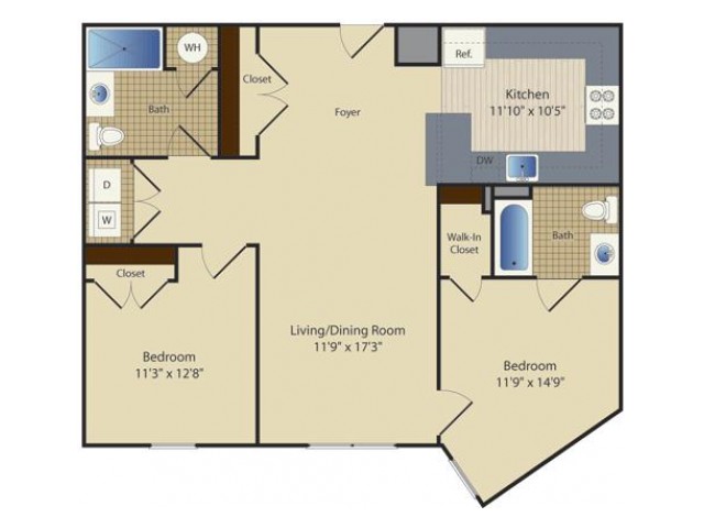 Two Bedroom Two Bath (1007 SF)