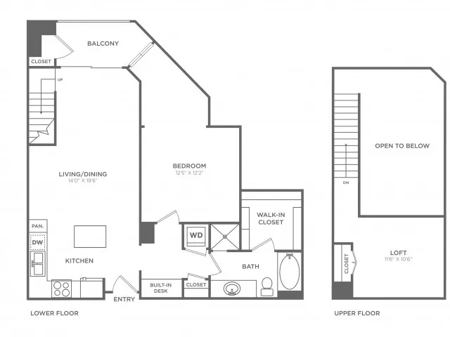 Floor plan map for a one bedroom unit at Bailey\'s Crossing Apartments in Alexandria, VA, featuring labeled rooms.