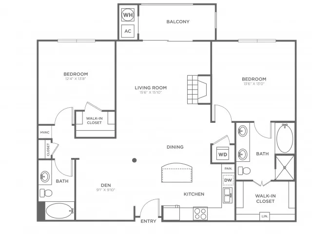 Floor plan map for a two bedroom unit at Bailey\'s Crossing Apartments in Alexandria, VA, featuring labeled rooms.