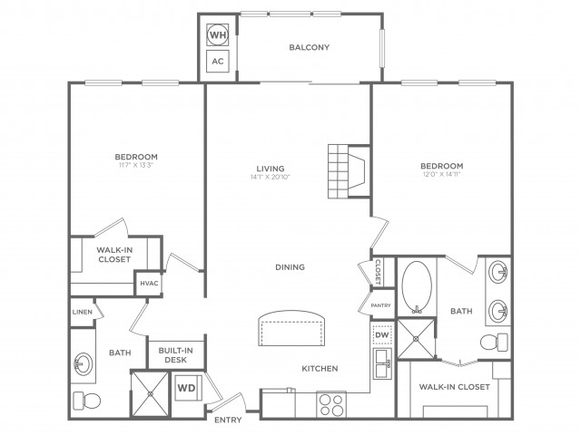 2 Bedroom 2 Bath (1,170 SF)