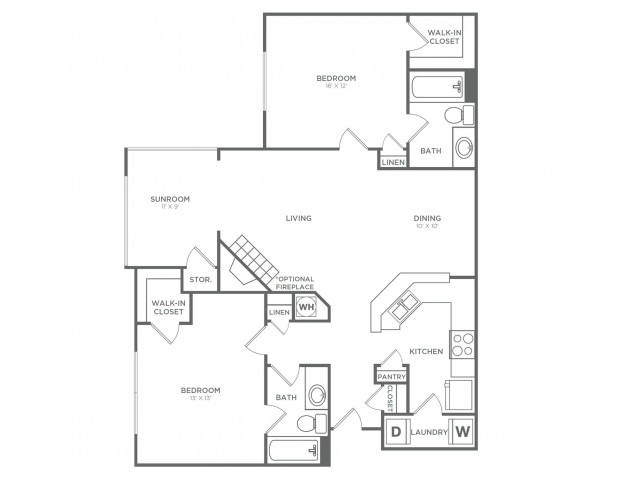 Two Bedroom, Two Bath (1,215 SF)
