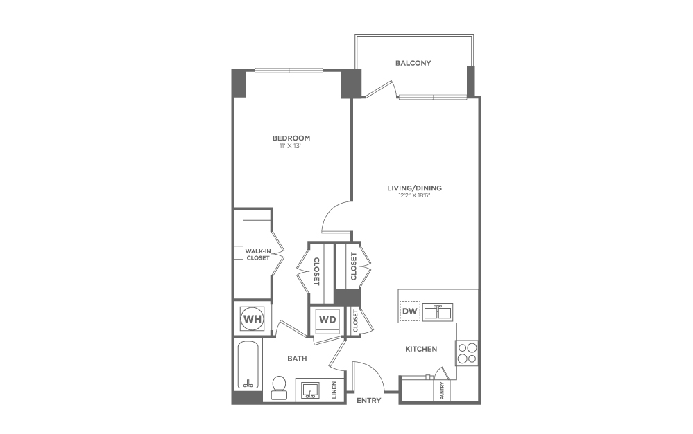Floor plan map for a one bedroom unit at the Cameron Apartments in Silver Spring, featuring labeled rooms with dimensions.