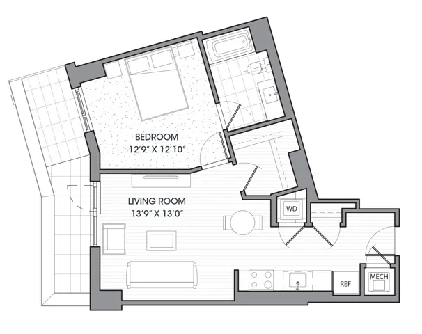 Floor plan map for a one bedroom apartment at ORE82 in Washington DC, featuring labeled rooms with dimensions.