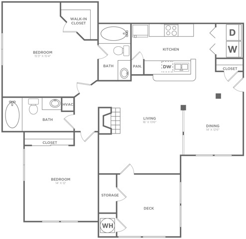 2x2 | 1058 SF | Floor plan map for a two bedroom unit at our apartments for rent in Bellevue, featuring labeled rooms with dimensions.