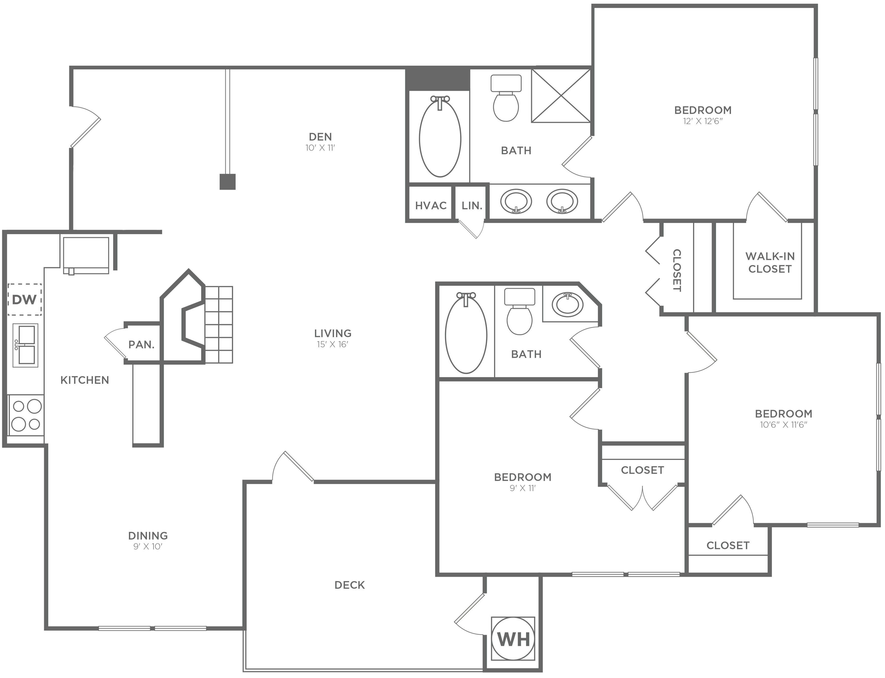 3x2 | 1315 SF | Floor plan map for a three bedroom unit at our apartments for rent in Bellevue, featuring labeled rooms with dimensions.