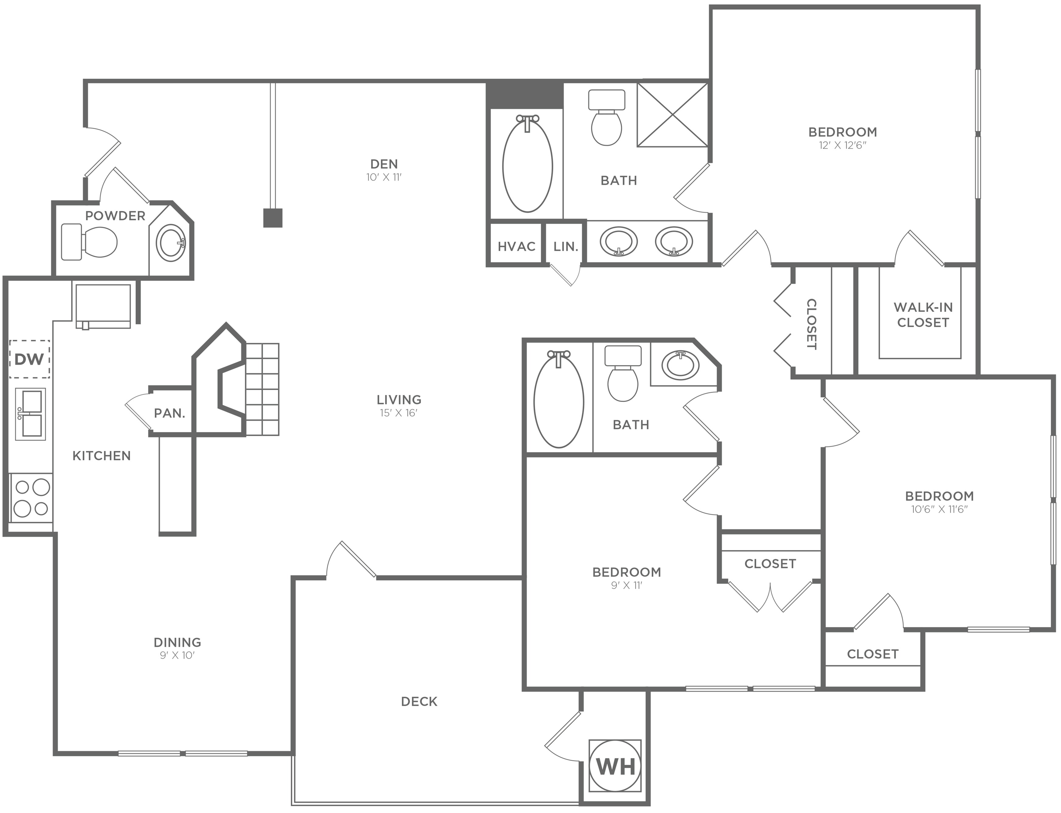3x2.5 | 1481 SF | Floor plan map for a three bedroom unit at our apartments for rent in Bellevue, featuring labeled rooms with dimensions.