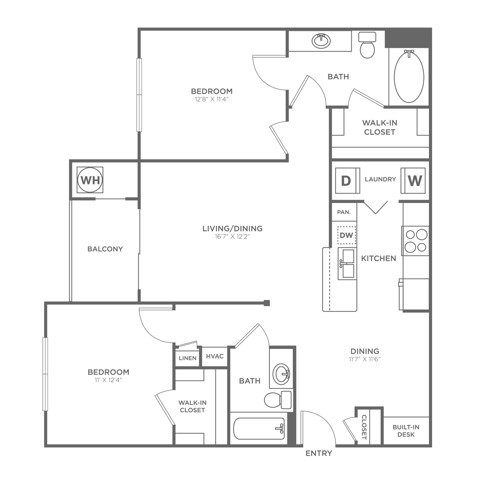 Two Bedroom Two Bath (1073 SF)