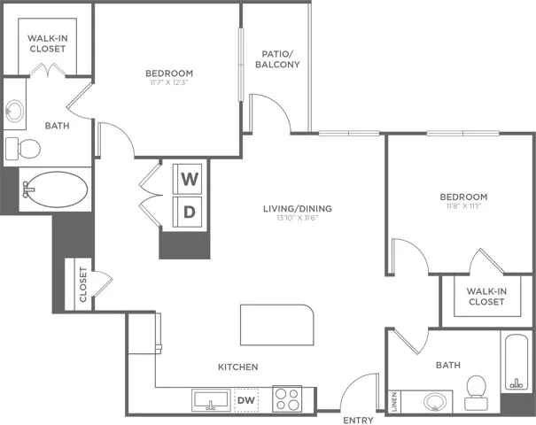 Two Bedroom Two Bath (1,109 SF)