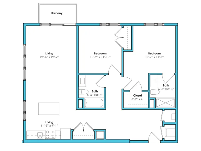Two Bedroom Two Bath (1090 SF)