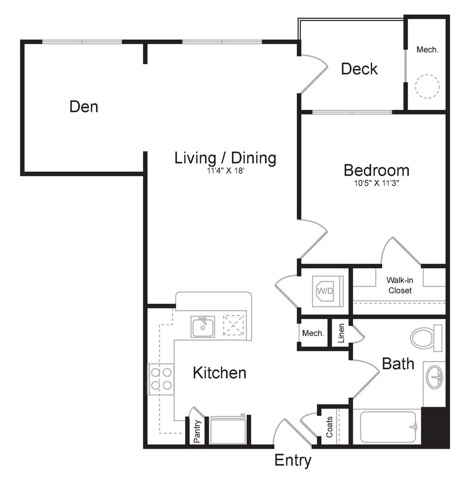 One Bedroom One Bath with Den (728 SF)