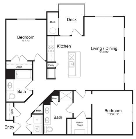 Two Bedroom Two Bath (1257 SF)