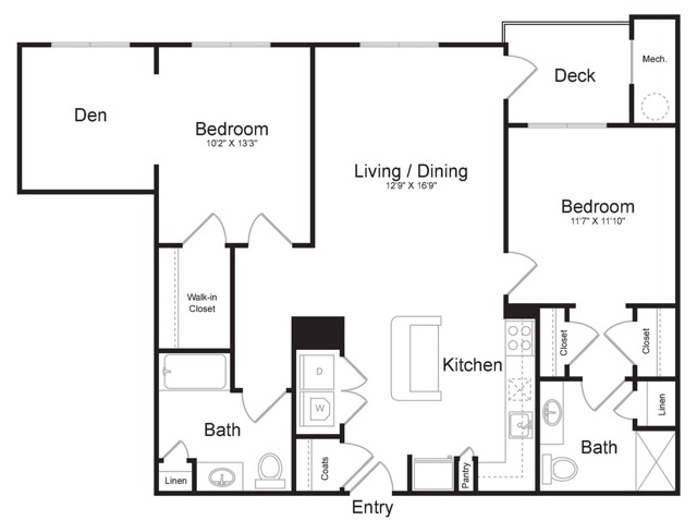 Two Bedroom Two Bath with Den (1128 SF)