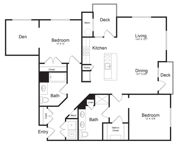 Two Bedroom Two Bath with Den (1366 SF)
