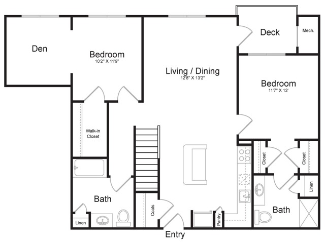 Two Bedroom Two Bath with Loft and Den (1435 SF) | First Floor