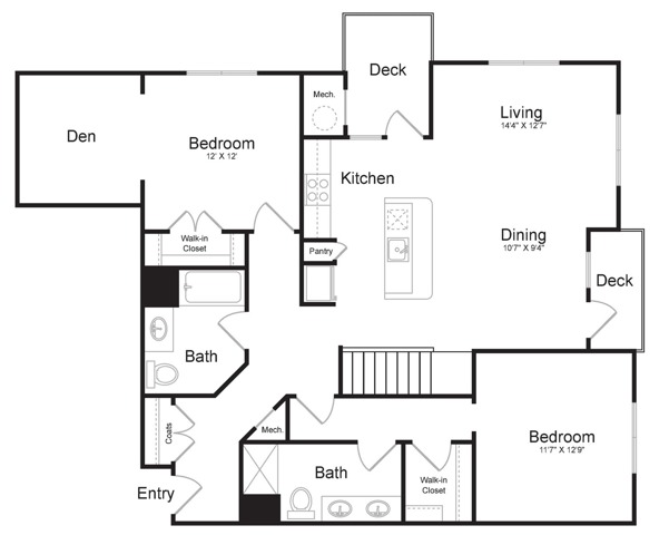 Two Bedroom Two Bath with Loft and Den (1780 SF) | First Floor