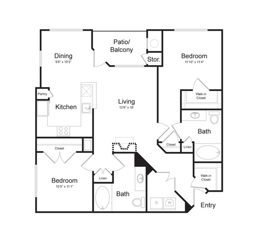 Two Bedroom Two Bath (1132 SF)