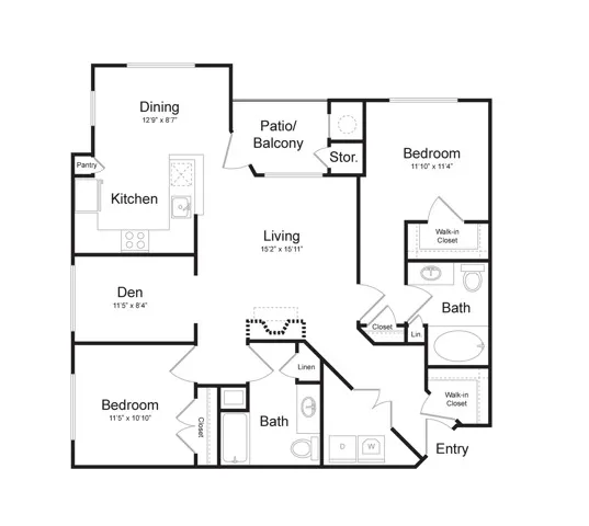 Two Bedroom Two Bath w/ Den (1309 SF)